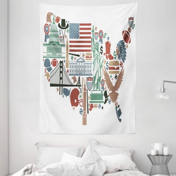 Map Tapestry, Traditional Symbols in The Form of United States of America Map Travel Landmarks Flag, Wall Hanging for Bedroom Living Room Dorm Decor, 60W X 80L Inches, Multicolor, by Ambesonne