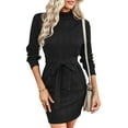 thumbnail image 4 of SAYOO Women Casual Wrap Hip Dress Solid Color Long Sleeves High Neck Tie Waist Female Dress, 4 of 9