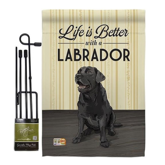 Breeze Decor BD-PT-GS-110009-IP-BO-D-US15-AL 13 x 18.5 in. Life is Better Lab Nature Pets Vertical Double Sided Mini Garden Flag Set with Banner Pole