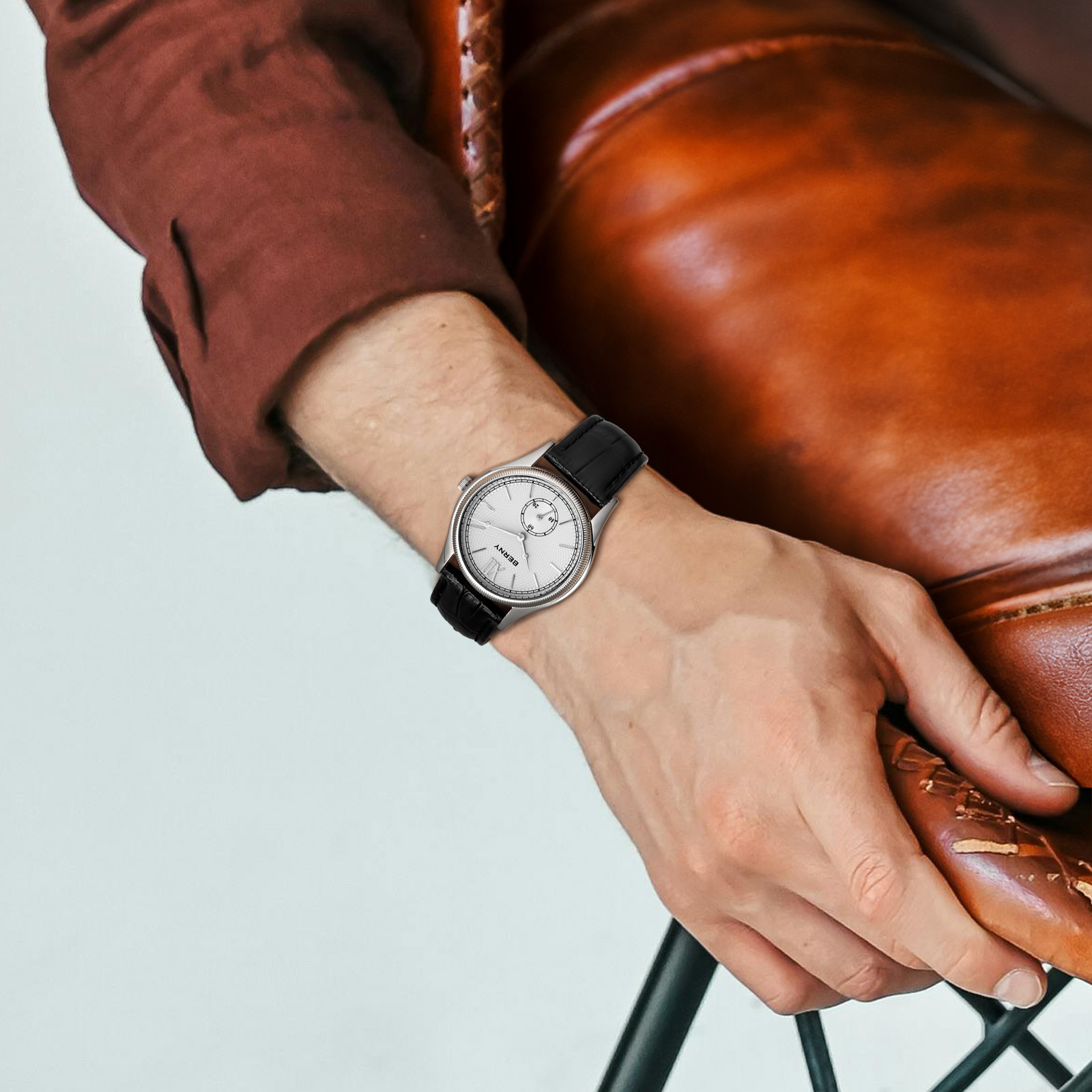 BERNY Silver Watch for Men, Ultra-Thin Minimalist Leather Watch, Stainless Steel Case, Waterproof Analog Quartz Watch, Business Dress Watches with Small Seconds (White)
