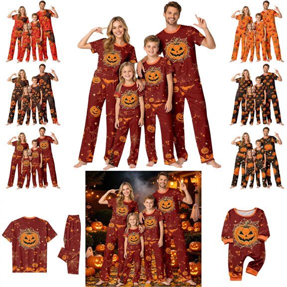 OIOLOYJM Matching Family Halloween Pajamas Set Cute Ghost Pumpkin Spider Graphic Soft Comfortable Two-Piece Sleepwear Novelty Holiday Party Fashion Short Sleeve Loungewear Pajamas 12 Months