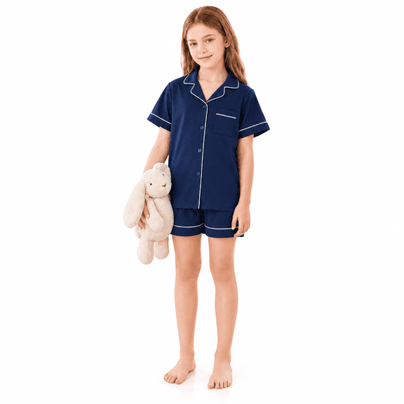 Girls Lapel Button Down Pajama 2 Piece Set Short Sleeve Top and Shorts Kids Sleep Loungewear