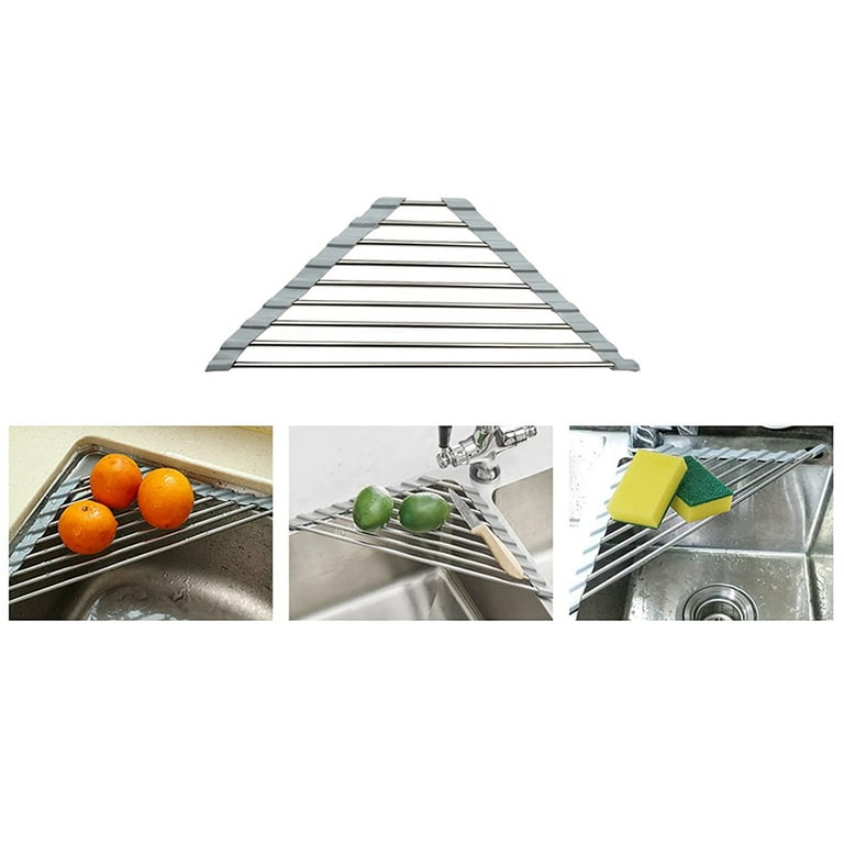 Triangle Dish Drying Rack for Sink Corner Roll Up Dish Drying Rack Folding  Stainless Steel Multipurpose Over the Sink Corner Dish Drainer Mat for  Kitchen (Black) 