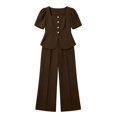 thumbnail image 4 of Karymi T Shirts for Women 2 Piece Solid Set, Square Neck Short Puff Sleeve Peplum Top with Front Buttons+High Waist Straight Cropped Wide Leg Pants Summer Sets for Women, 4 of 5