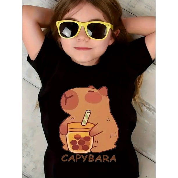 Adorable Capybara Tea Time Graphic Tee for Girls - Easy Clean, Short Sleeve, Fashionable Black/White Top - Perfect Gift for Youngsters