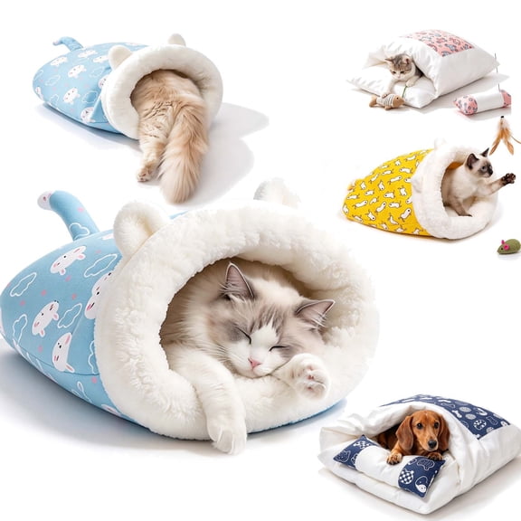 Enclosed Cat Sleeping Bag, Warm Winter Burrow Cat Bed with Pillow, Soft Cozy, Snuggle Sleeping Bed for Indoor Cats & Small Dogs