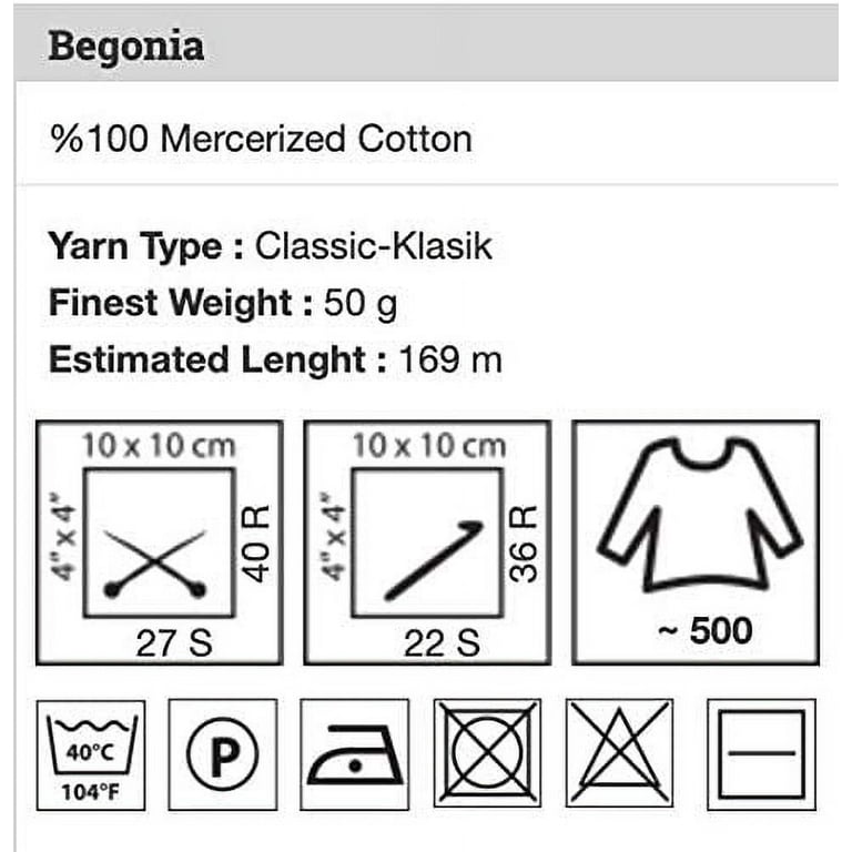 100% Mercerized Cotton Yarn Knitting Crochet by Yarnart Begonia 50g 169m 