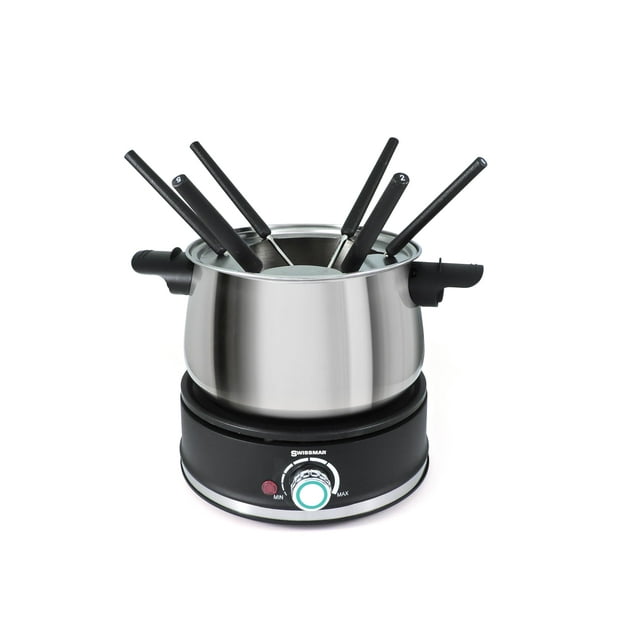 Juego de fondue eléctrica Swissmar Arolla de acero inoxidable de 10 piezas: ideal para queso, caramelo, chocolate, aceite, caldo y más. Ideal para bodas y inauguraciones. Capacidad: 2 l.