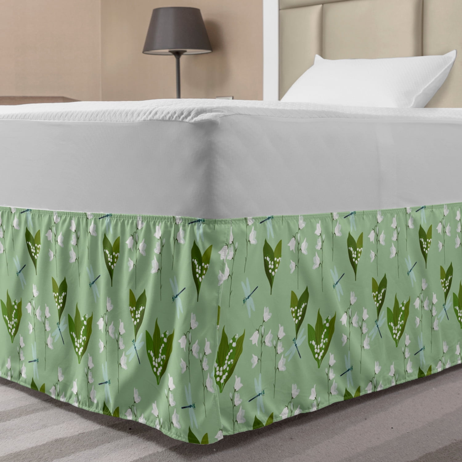Floral Bed Skirt, Design of Dragonflies and Campanula Flowers Wild Nature, Elastic Bedskirt Dust