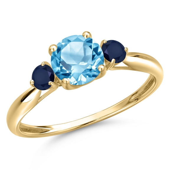 Gem Stone King 10K Yellow Gold Swiss Blue Topaz and Blue Sapphire 3-Stone Ring for Women | 1.30 Cttw | Round 6MM | Gemstone November Birthstone | Size 9
