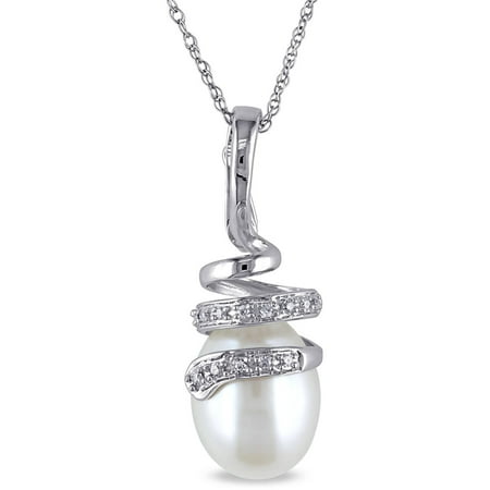 Miabella 9-9.5mm White Rice Cultured Freshwater Pearl and Diamond-Accent 10kt White Gold Swirl Pendant, 17