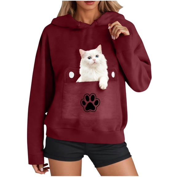 HAPIMO Womens Pet Holder Sweatshirts Cat and Small Dog Pouch Hoodies Animal Carrier Long Sleeve Tops Loose Casual Hooded Sweatshirts Wine L