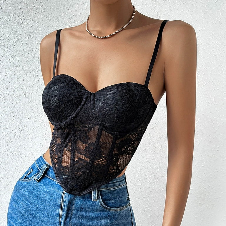 JGGSPWM Women Lace Bustier Bralette Corset Top Y2K Sexy V Neck Strappy  Floral Embroidery Mesh Sheer Longline Crop Top Black M 