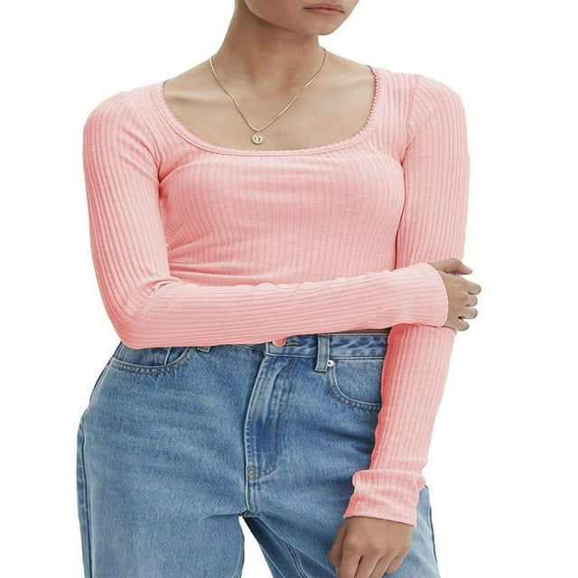 Womens Solid Color Ribbed Tops Long Sleeve Lace Trim Scoop Neck Slim Fit T-Shirts Dressy Blouses M