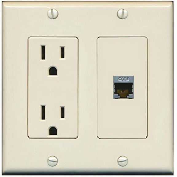 RiteAV - 15 Amp Power Outlet and 1 Port Shielded Cat6 Ethernet Decorative Type Wall Plate - Light Almond