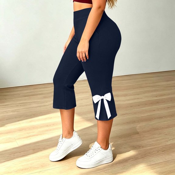 Noric Women's Plus Size High Waist Capri Leggings with Pockets Bow Tie High Rise Stretchy Casual Workout Cropped Yoga Pants