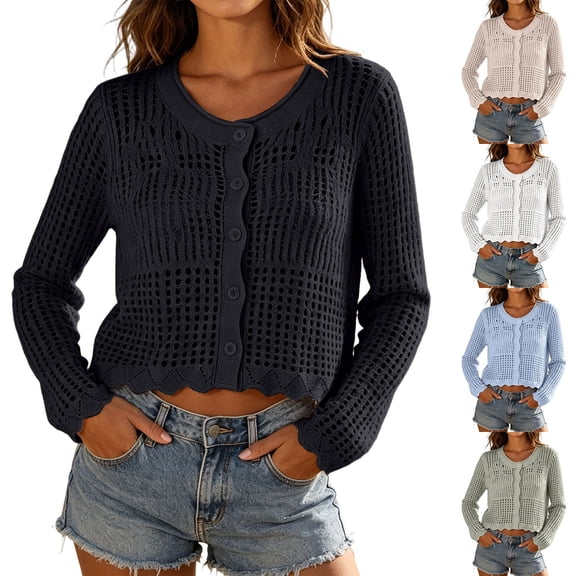 Asxite Women Summer Tops Long Sleeve Knit Crochet Cover Up Beach Swimsuit Bikini Solid Sheer Shirts
