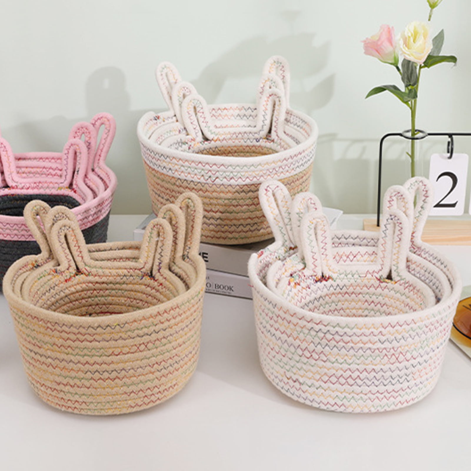  OrganiHaus Pink Storage Bins Set of 3, Nursery Towel Baskets  for Bathroom, Woven Decorative Storage Baskets, Book Baskets