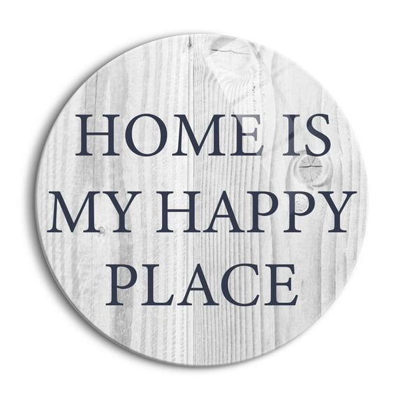 Home Happy Place Ice Blue Woodgrain 24 inch Glass Round Wall Hanging Sign