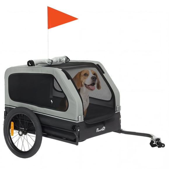 PawHut Dog Bike Trailer, Bicycle Trailer w/ Flip-Down Ramp Tailgate, Grey