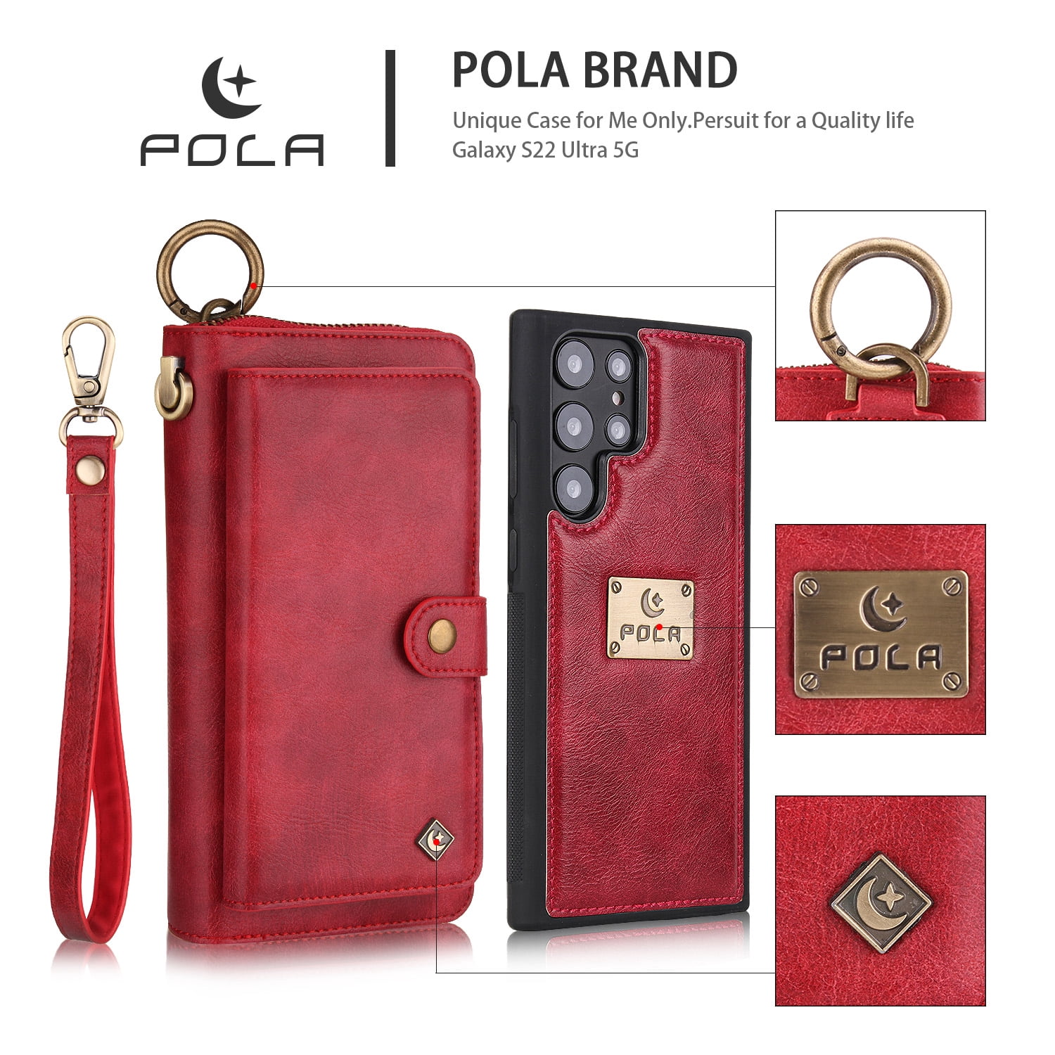 Samsung Galaxy S22 Ultra Leather Flip Case Cover, Galaxy S22 Ultra Zipper Wallet Case for Women and Men, Dteck 14 Card Holder Zipper Pocket Magnetic Detachable Wallet Folio Case Leather Pouch,Red