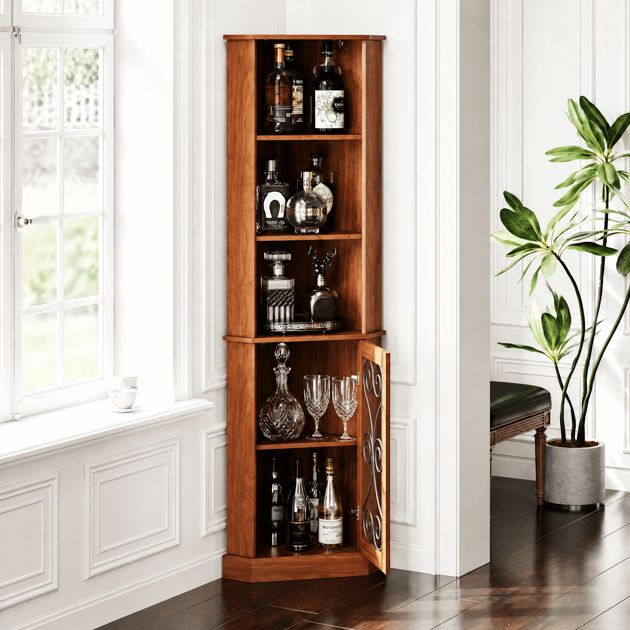 Corner Liquor Cabinet 3-Tier Display Storage with Door for Living Room Dining Room Bar
