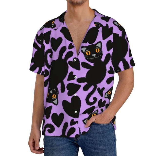 Fotbe Cartoon Black Cats Camisa Estampada de Manga Corta para Hombre, Casual de Verano, Estilo Playero, Sin Arrugas-Medium