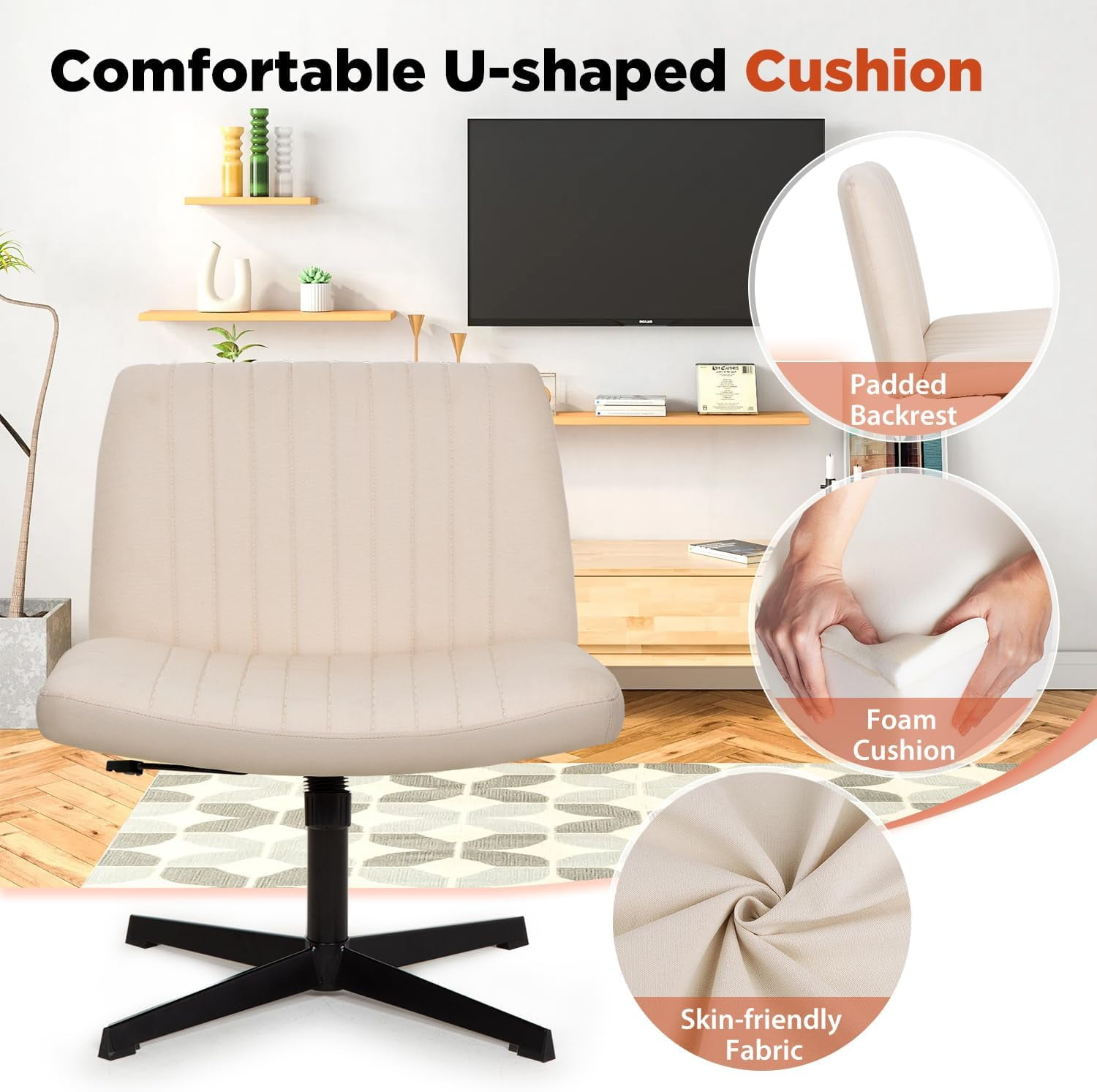 YRLLENSDAN Criss Cross Chair Wide Desk Chair Comfy Computer Chair Vanity Chair Wide Office Chair No Wheels Cross Legged Office Chair Armless Office Chair, Beige
