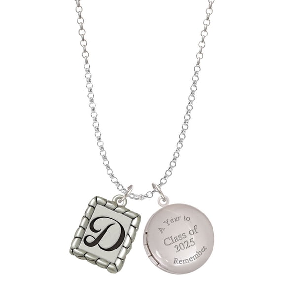 Delight Jewelry Silver-tone Pebble Border Initial - D - Class of 2025 Year to Remember Locket Charm Necklace, 19 2" Extender