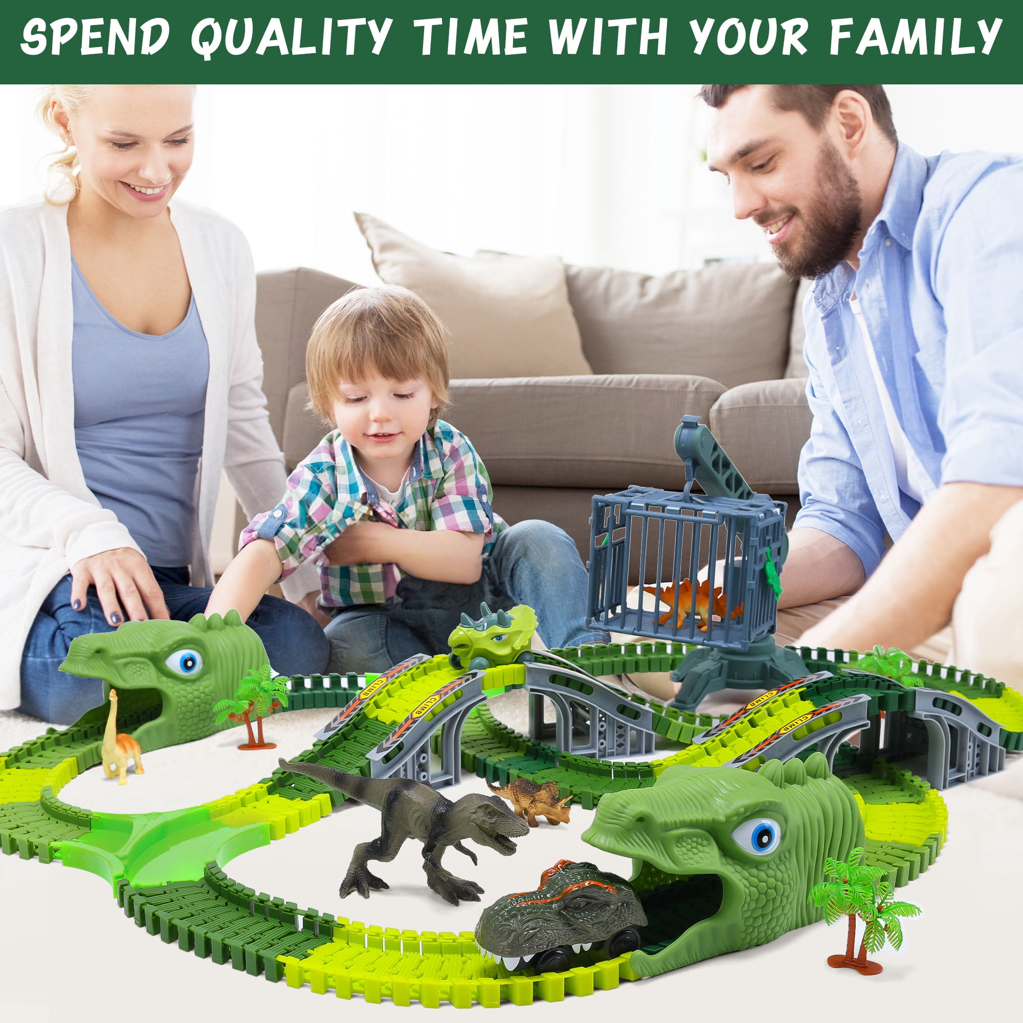 Dinosaur Toys, 277 PCS Flexible Race Track for Kids, STEM Building Road Train Toys with Dino Cars Trucks, Best Birthday Gifts for Boys Girls Toddlers