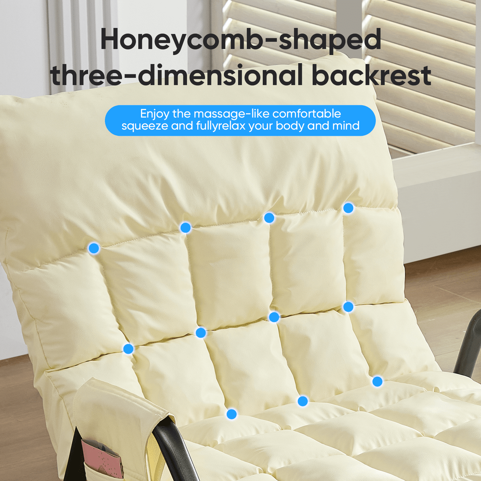 BALUS Rocking Chair, Leather Nursery Recliner with Adjustable Backrest & Footrest, Side Pockets, Modern Living Room Seating Space-Saving Design, Beige