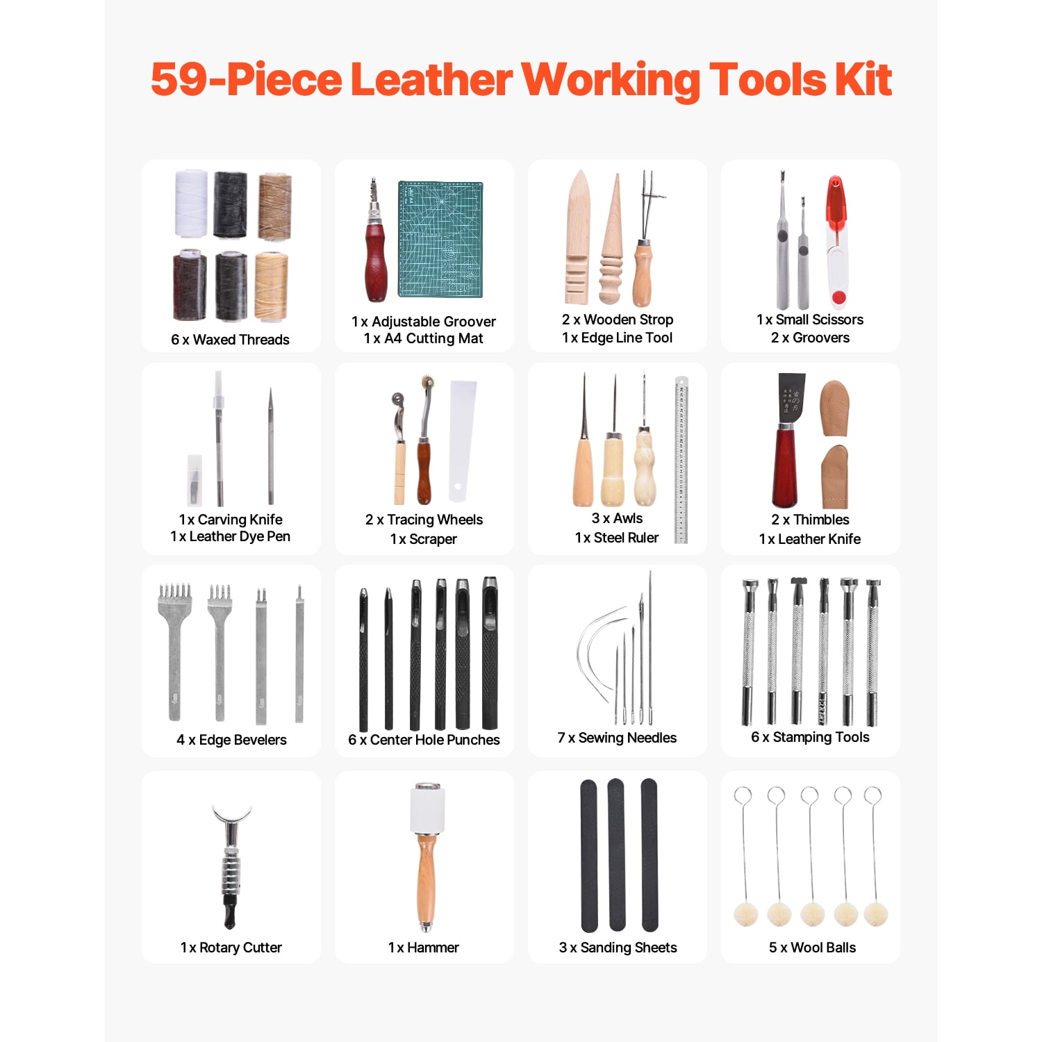 KFFKFF Leather Crafting Tool Set, 58 Piece Leatherwork Tools in Handy Canvas Carry Bag, Embossing Punching Sewing Buffing Instruments, Perfect for Novice DIY Hobbyists and Expert Craftsmen