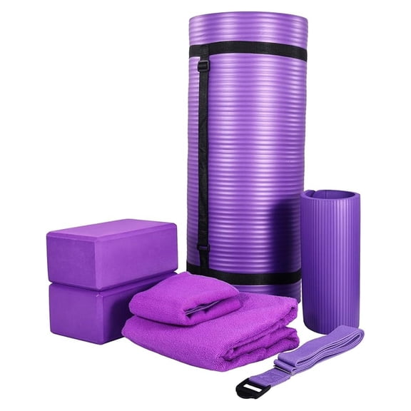 Yoga Mat Set 7 Piece – Extra Thick 1 Inch Mat, Blocks, Strap & Towels