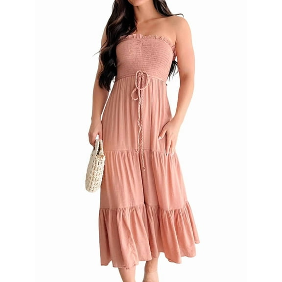 Women'S Summer Maxi Dress Casual Bohemian Style Backless Bandeau Ruffled Multi-Layered Long Beach Sundress Coral XL