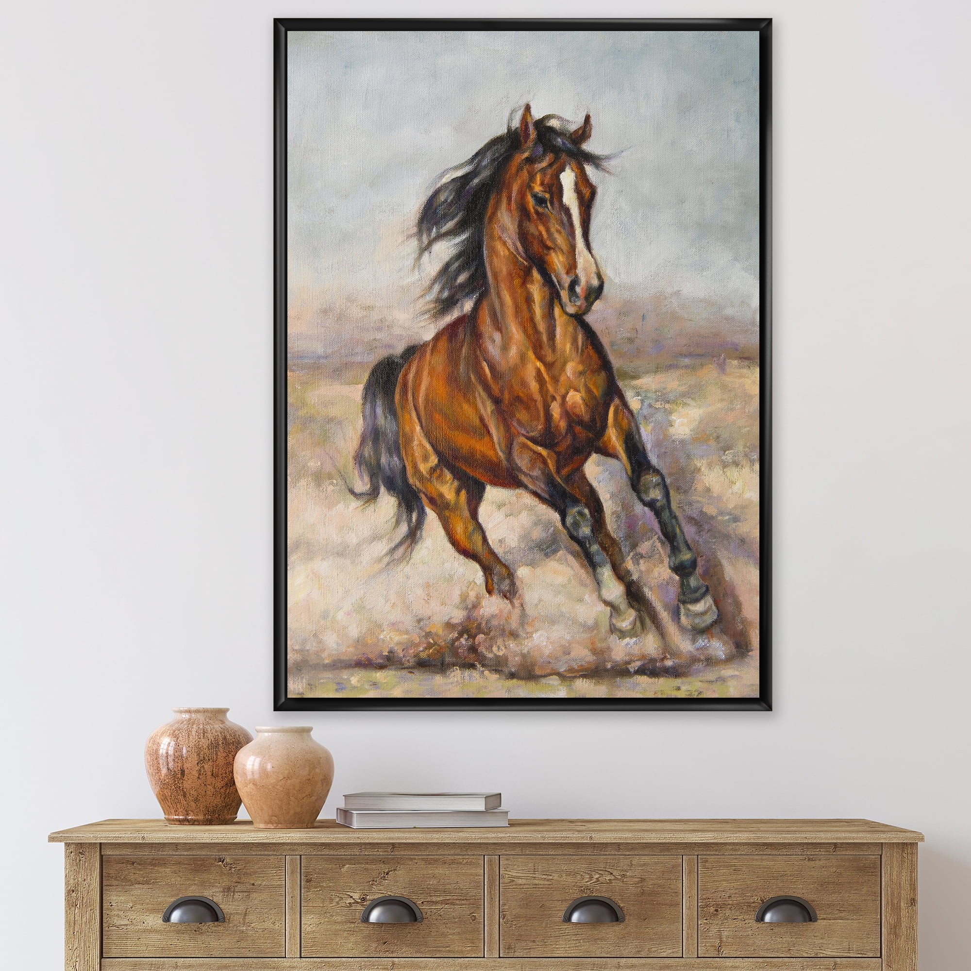 Designart 'A Brown Horse In The Race' Farmhouse Framed Canvas Wall Art Print