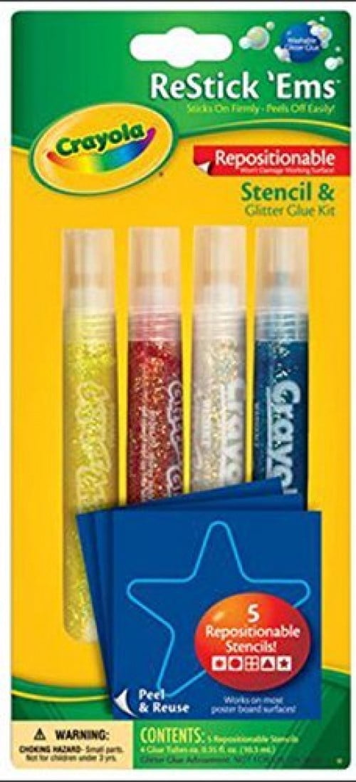 Crayola Restick ‘Ems Stencil and Glitter Glue Kit, 4 Glue Tubes 0.35