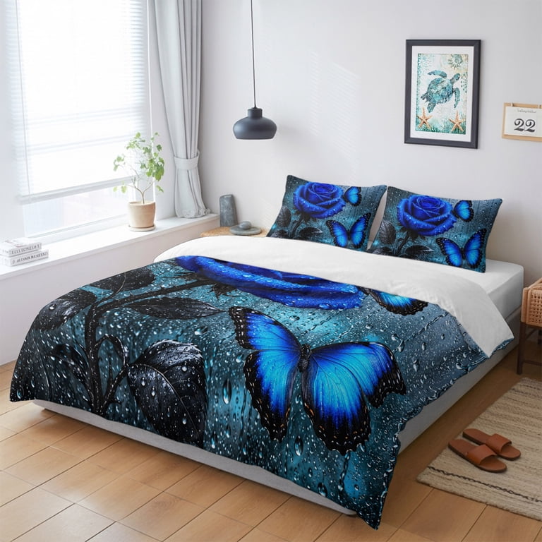 Romantic Full Duvet Cover Set, Blue Rose Blossom Butterfly Glass Water ...
