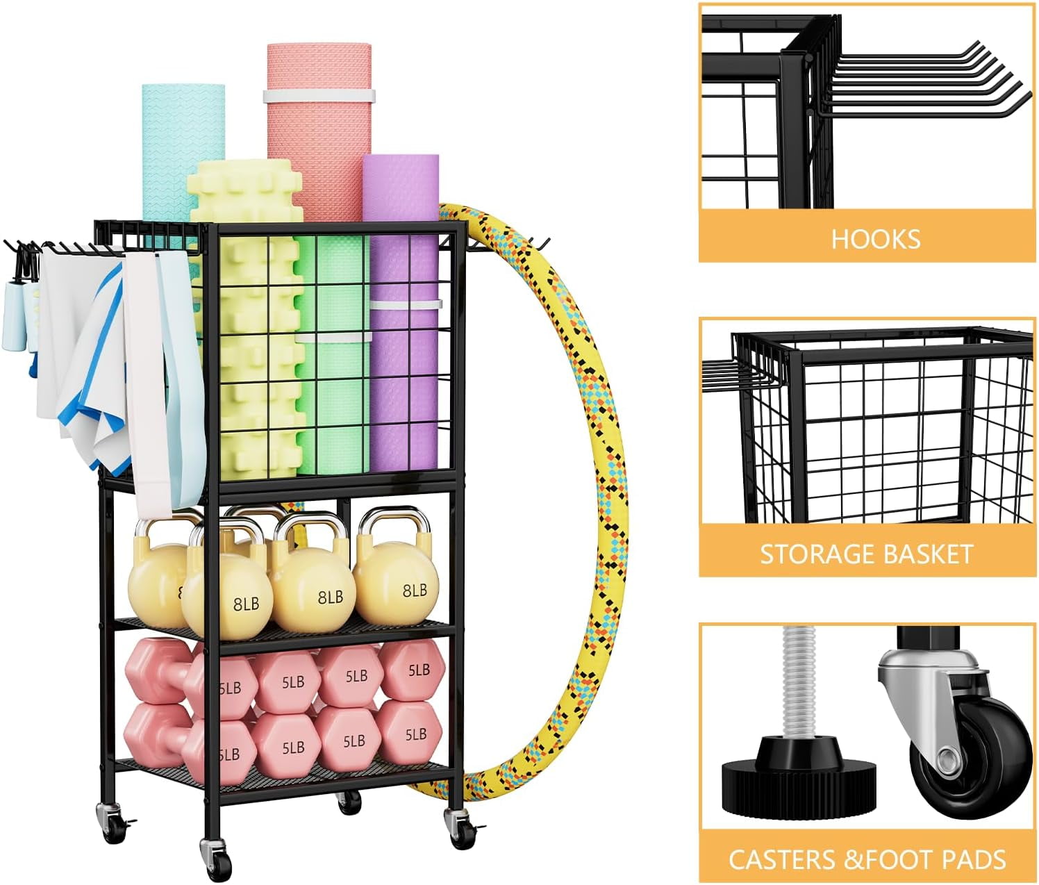 Dumbbell Rack for Home Gym Yoga Mat Storage Rack Black Workout Equipment Storage Organizer with Hooks and Wheels