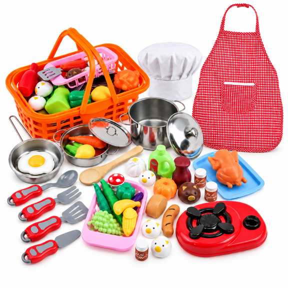 Children's Chef's Set Pretend Play Food Kitchen Toys Accessories Set, Fruits, Vegetables, Stainless-Steel Pots, Pans, Apron, chef's hat for Toddler Boys Girls