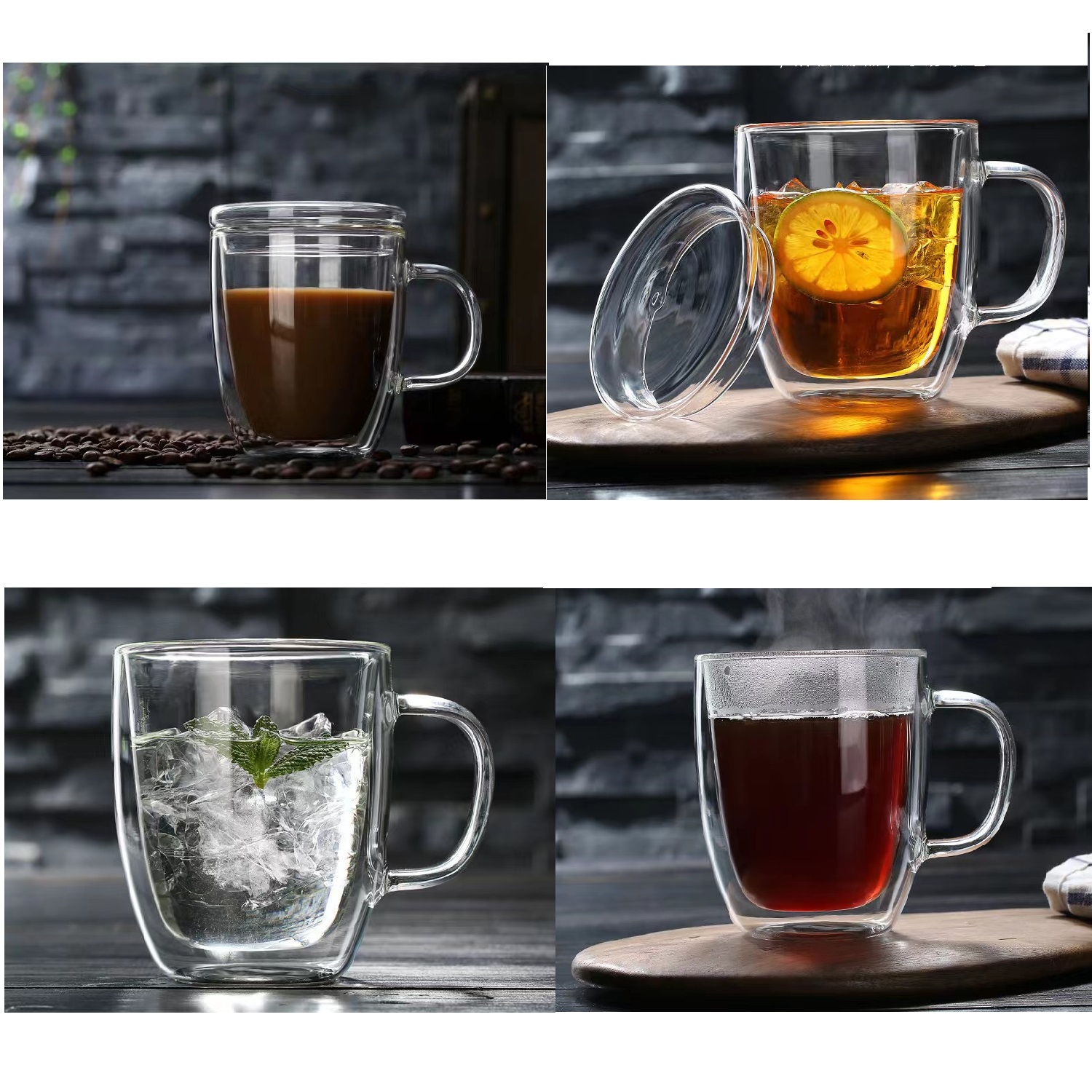 Clear　Double　Glass　Glass　handle　cup　lids,　oz,　with　Mug　Wall　lid　Cups　Glass　with　i　16　Kito　with