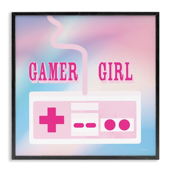 Stupell Industries Pastel Gamer Girl Controller Quotes and Sayings Painting Black Framed Art Print Wall Art, 12 x 12