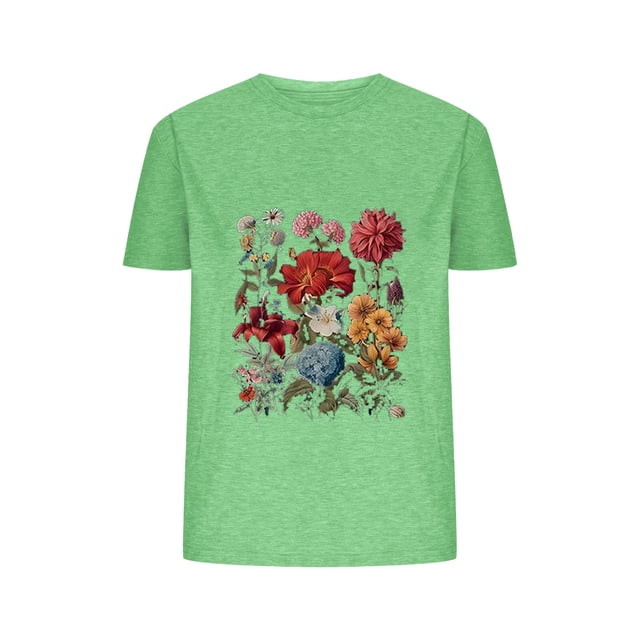 Blusas de Verano de las Mujeres Flor Impresa Cuello Redondo Manga Corta Superior, Verano Superior de las Mujeres