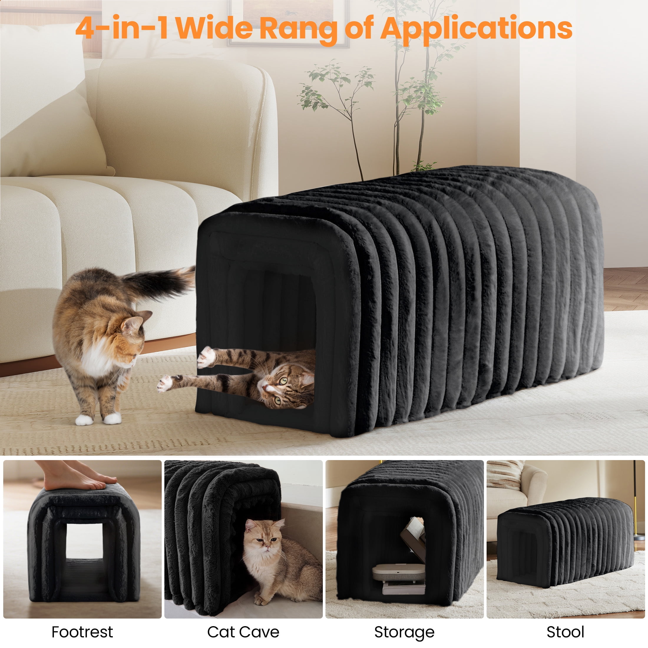 DEALTOPS Corduroy Storage Ottoman Bench, Cat Hideaway Foot Rest for Living Room, Bedroom, Entryway, Black