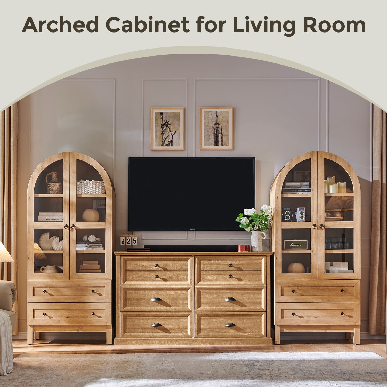Arch Bookshelf with Storage Set of 2, Tall Bookcase with Glass Doors & Drawers