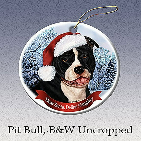 Holiday Pet Gifts Black & White Pit Bull (Uncropped) Dog Porcelain Ornament