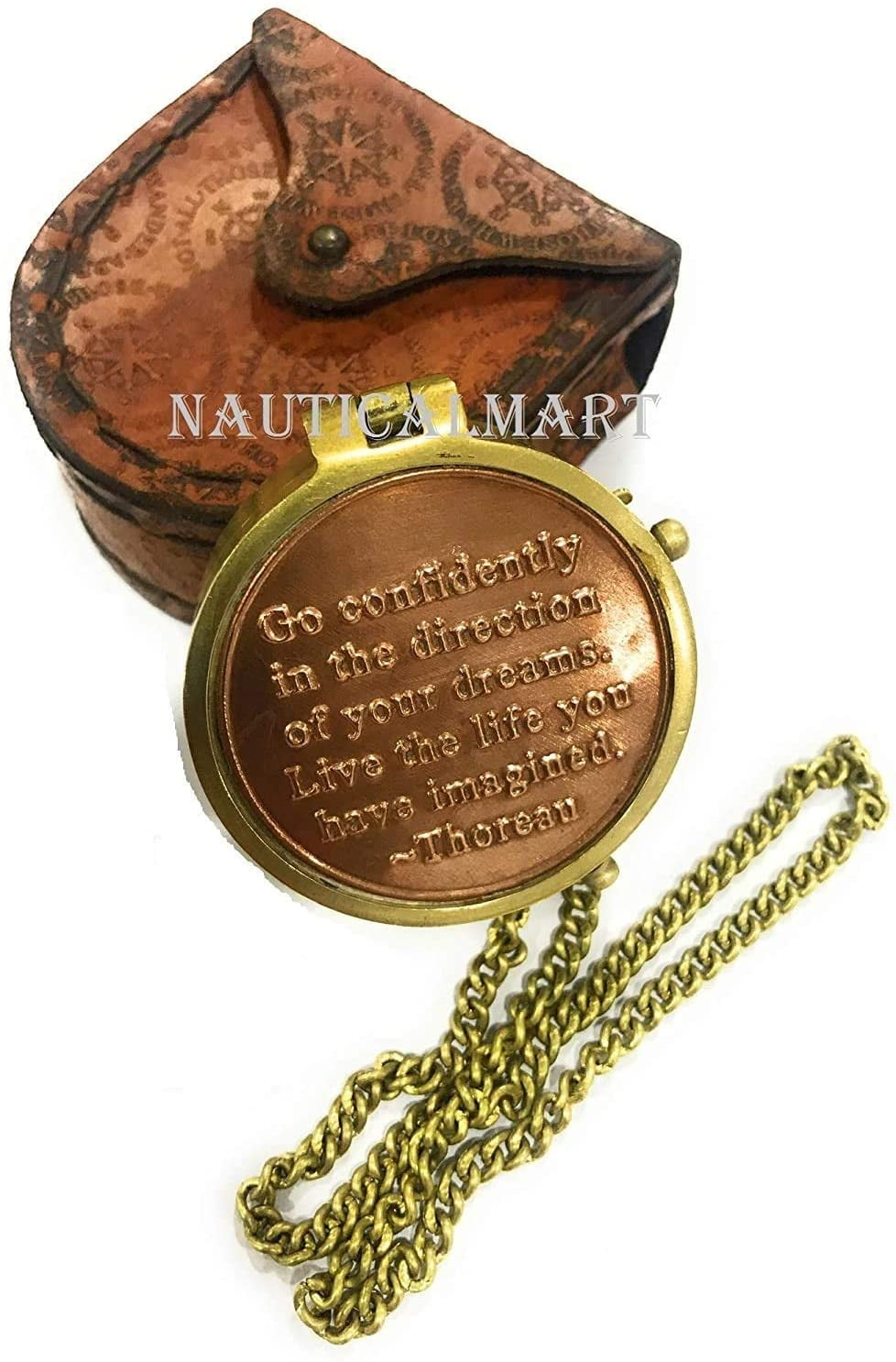 Go Confidently Quote Engraved Brass Compass with Stamped Leather case Thoreau's 