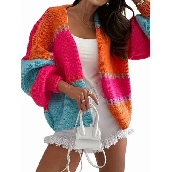 Women Oversized Cardigan Sweaters Open Front Color Block Lantern Long Sleeve Striped Knit Outwear Coats Rose Red L