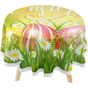 SKYSONIC Colorful Eggs Yellow Round Tablecloth 60inch Indoor Wrinkle Free, Easter Butterflies Flowers Circular Lace Table Cover Washable for Kitchen Party BBQ Dining Decor