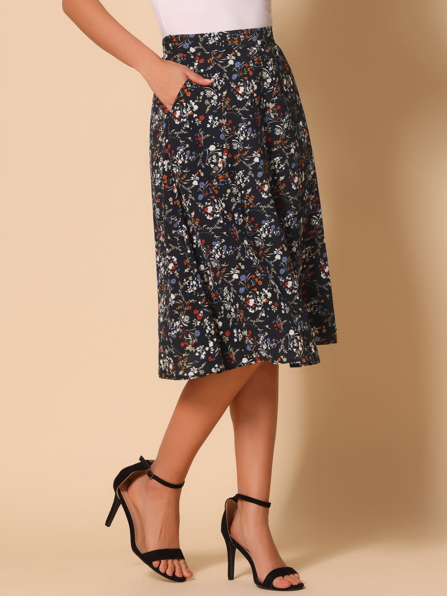 DARING DIVA Women's Floral Print A-Line Midi Skirt Skirts M Black Red