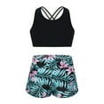 thumbnail image 2 of iixpin Kids Girls Gymnastics Dance Swim 2 Pcs Sets Crisscross Back Crop Top with Floral Shorts Quick Dry Tankini A-Black&Green 6, 2 of 4